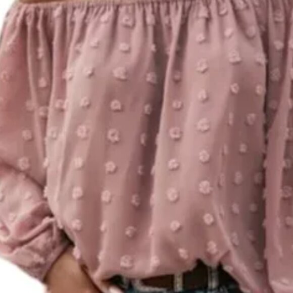 Dusty rose tufted dot off shoulder boho flowy long sleeve blouse sizes M and L - Picture 4 of 5